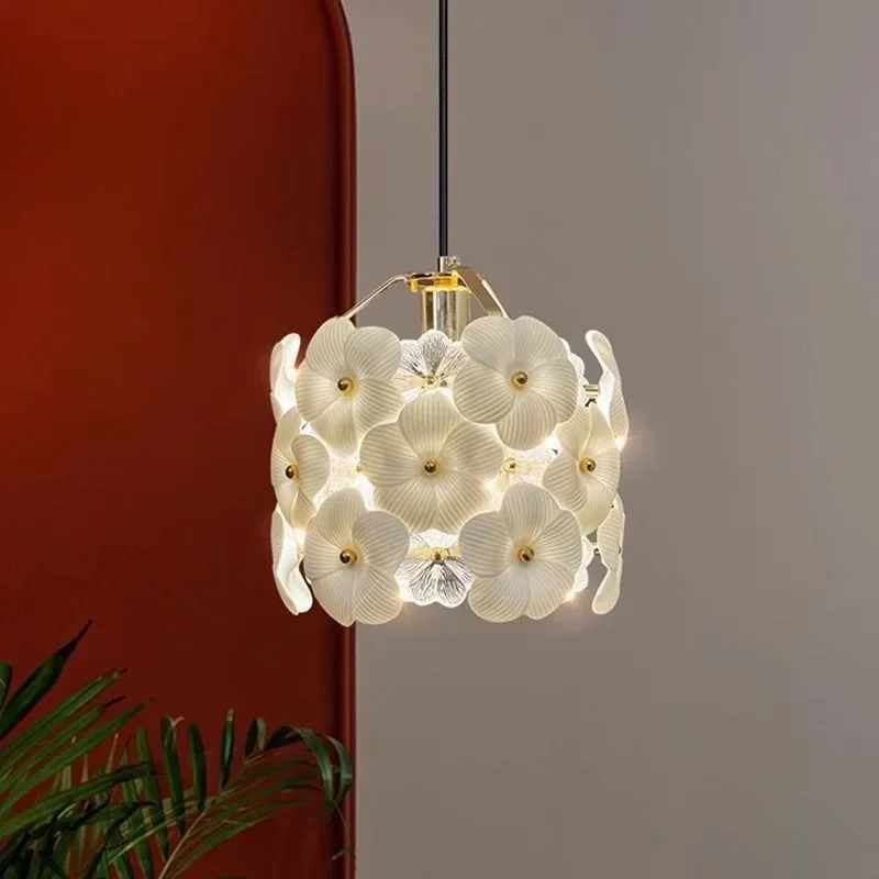 French Luxury Floral Glass Small Pendant Light Modern Bedroom Headboard Study Bar Counter Entrance Hall Restaurant Hanging Lamp