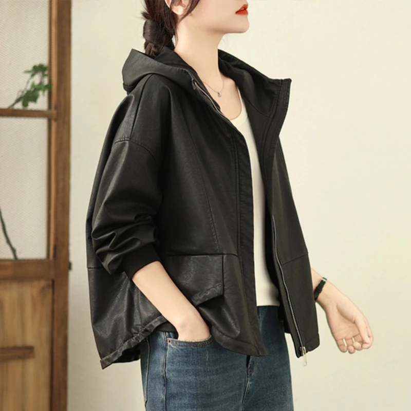 Masss wasss 2025 feminino clássico vintage com capuz lazer oversized jaquetas de couro falso senhoras moda casacos do plutônio solto blusões