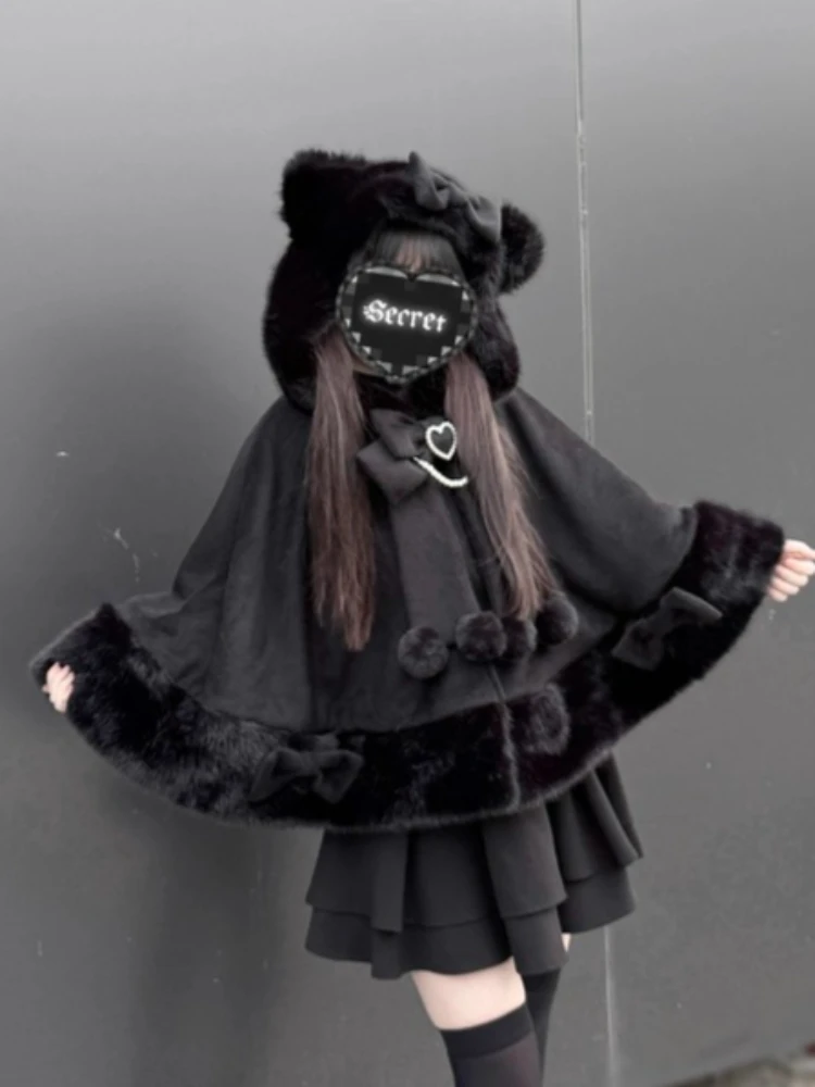 Winter New Japanese Lolita Cloak Overcoat Women Design Bow Hooded Patchwork Kawaii Cope Coat Harajuku Warm Sweet Fur Collar Coat