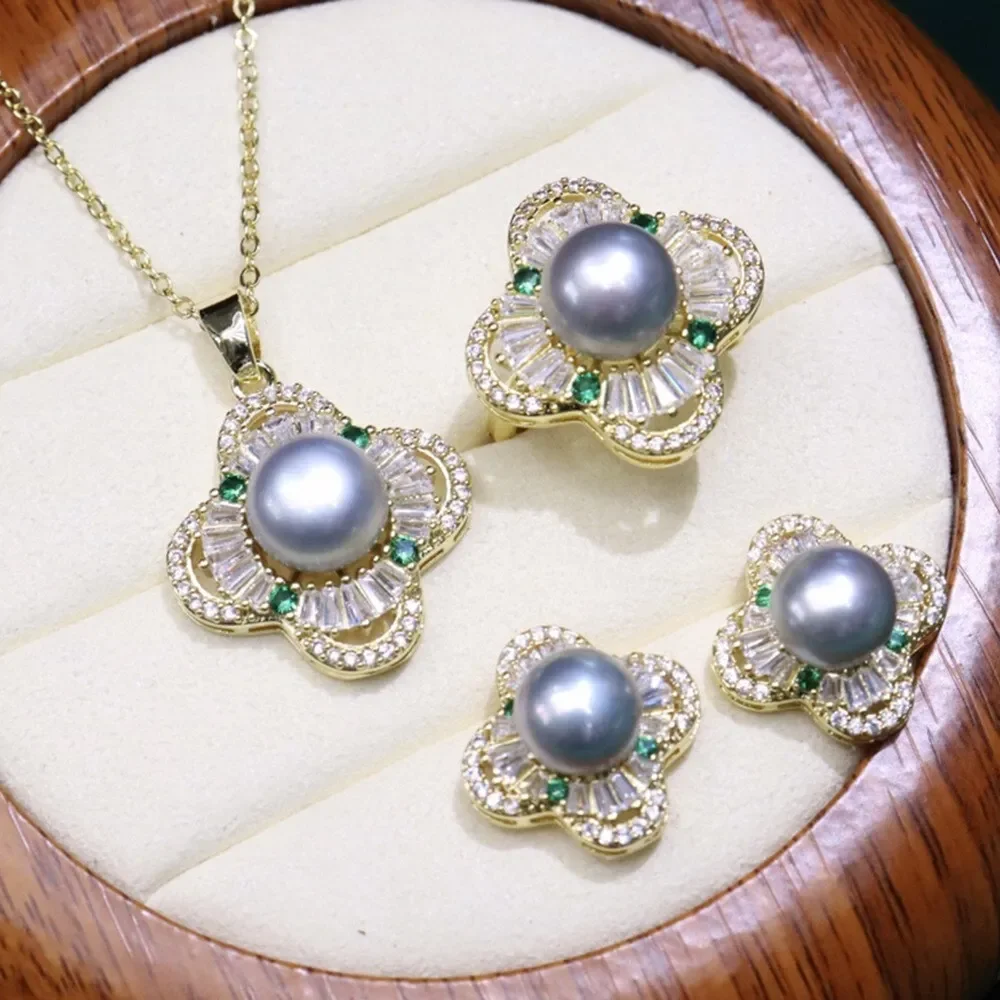

Gorgeous AAAA 8-9mm south sea Gray stud pearl pendant &earring&ring set 925s..