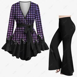 Daily Casual Matching Set for Women 3D Checkered Plaid Waves Colorblock Print Poet Sleeve Blouse With Belt Or Flare Pants