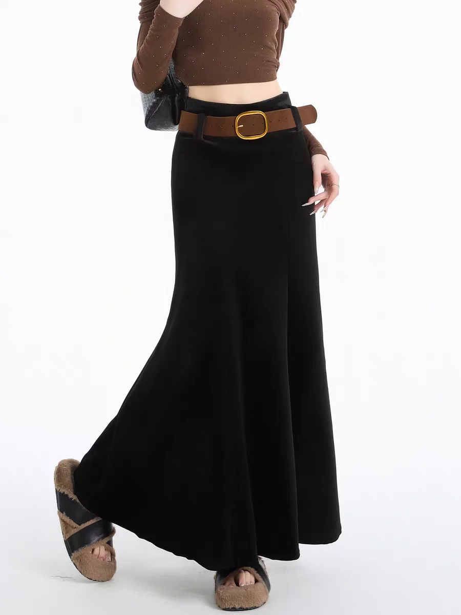 

Black Velvet Mermaid Hem Skirt Women Elegant High-Waisted Draped A-Line Maxi Skirts, a Must-Have for 2025 Fall Winter