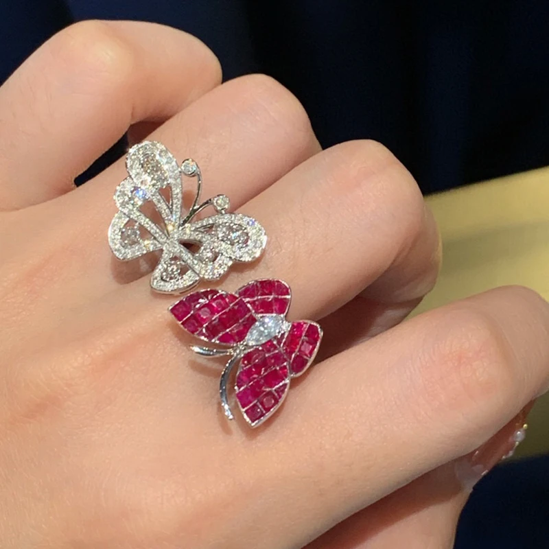 Aazuo 18K emas putih padat Natrual Ruby 3ct berlian asli kupu-kupu ganda cincin hadiah untuk wanita hari pernikahan mewah pesta Banquet