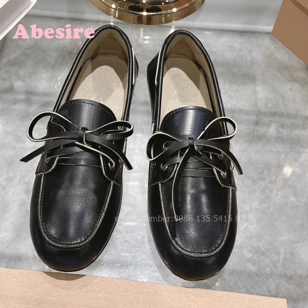 Black Lace-Up Shallow Pumps Round Toe Flat with Low Heels Women\'s Casual Shoes Genuine Leather Lefu Shoes New Design Pumps Sexy