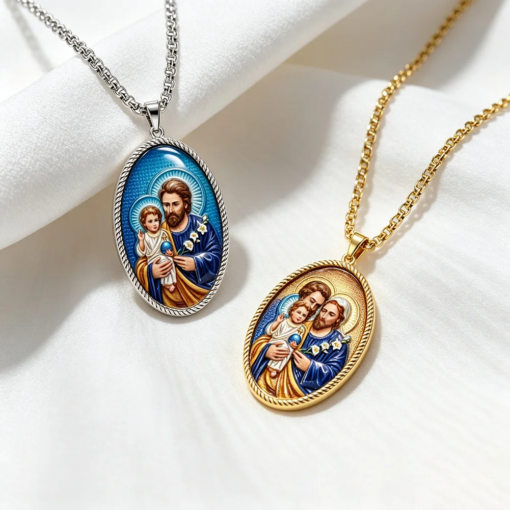 Vintage Sacred Joseph Mary Jesus Medallion Color Picture Pendant Necklace Christian Religious Protection Amulet Jewelry Gifts