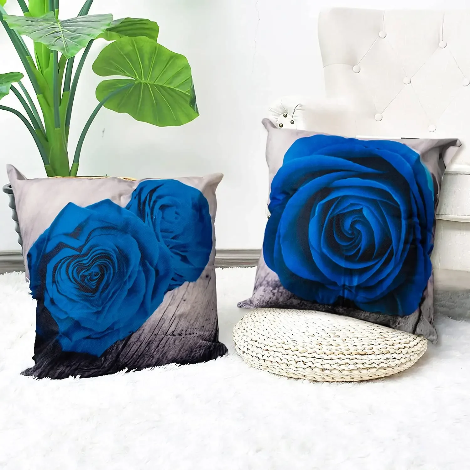 

Blue Rose Linen Pillowcase 40*40 Living Room Sofa Cushion Cover 60*60 Home Decoration Pillowcase Valentine's Day Gift