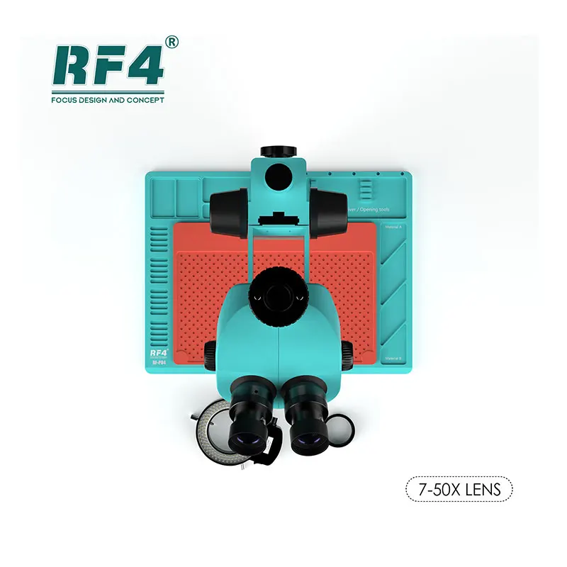 RF4 RF-7050-PO4 三眼7-50倍ズーム顕微鏡、高精度PCBはんだ付けBGAリワーク用調整可能LED照明付き