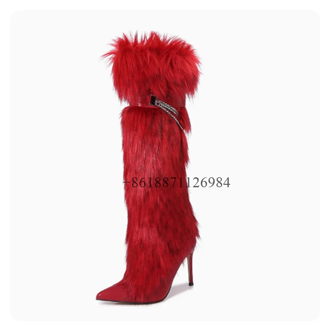 Pointy Toe Knee High Fuchsia Chain Fur Boots Sexy Luxury Women leather Thin High Heel Buckle Booties Fashion Pink Ladies Shoes