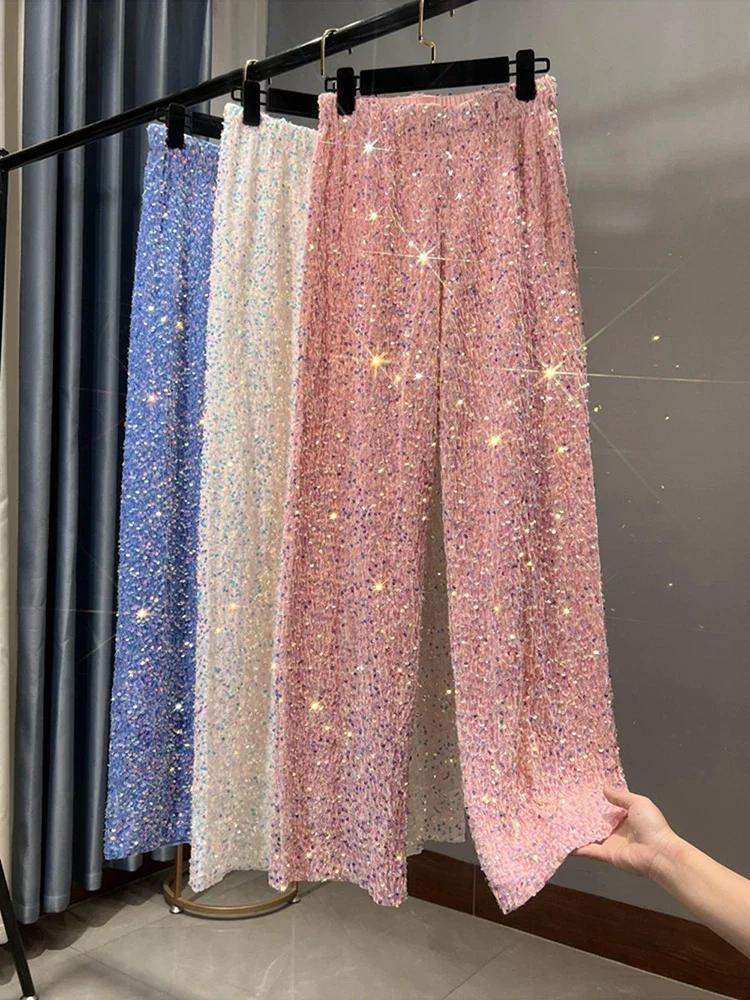 

Pants Women Elastic Waist Sequins Wide Leg Y2k Trousers Shiny Loose Slim Full Length High Street Casual Straight 2023 New