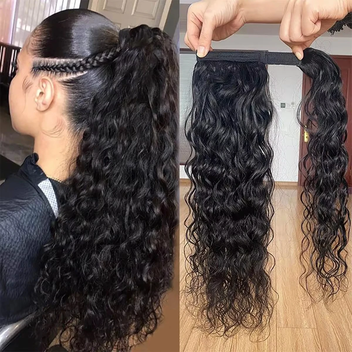 

Water Wave Ponytail Extensions 100% Human Hair Magic Paste Natural Black Around Pony Hair Extensions Brazilian Remy Human Hair