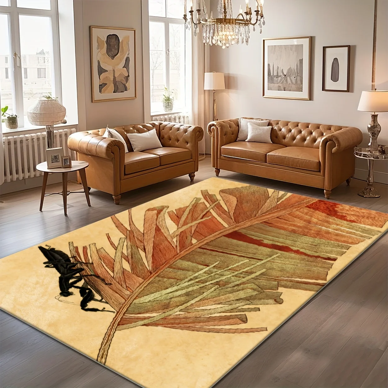 Vintage Beige Tropical Palm Leaf Area Rug Abstract Botanical Drawing Living Room Bedroom Washable Carpet