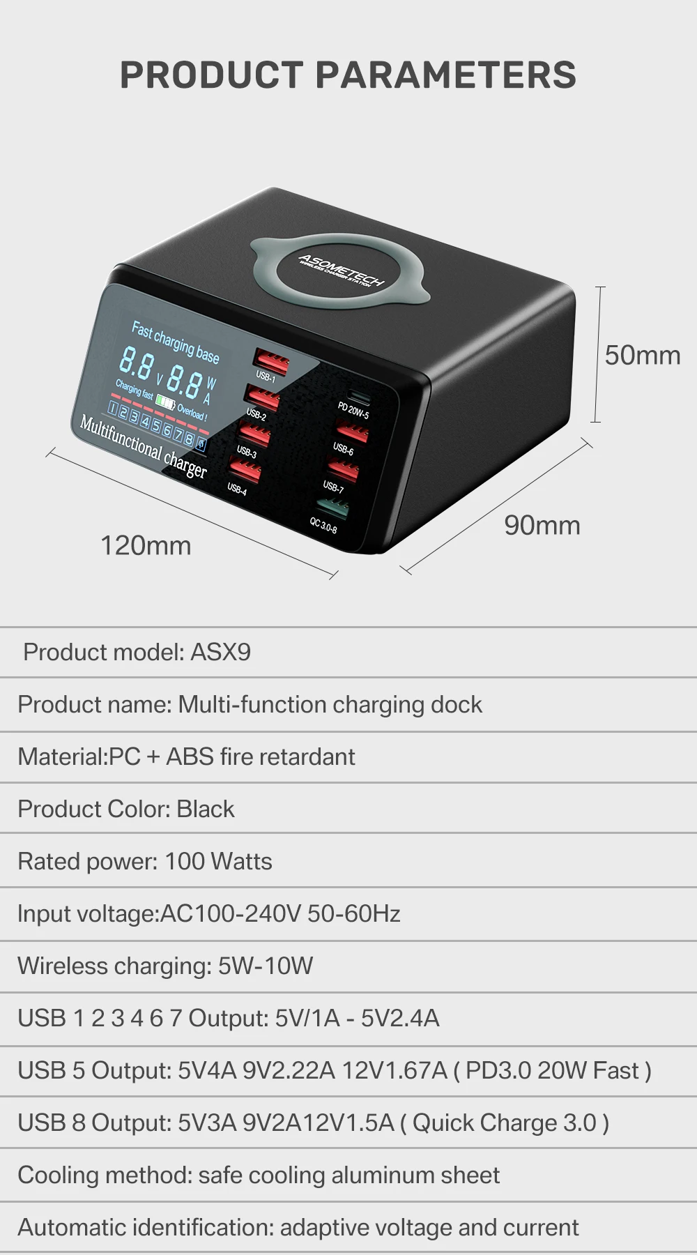100w 8 Ports USB-Ladestation mit kabelloser Aufladung digitaler Bildschirm qc 3,0 pd 3,0 Schnell ladung für iPhone 14 13 Xiaomi – Detail 12