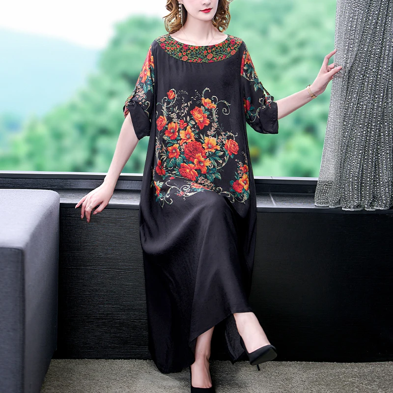 

2024 Floral Mulberry Silk Maxi Dress Women Korean Vintage Casual Evening Dress Summer Elegant Loose Wasit Plus Size Party Dress