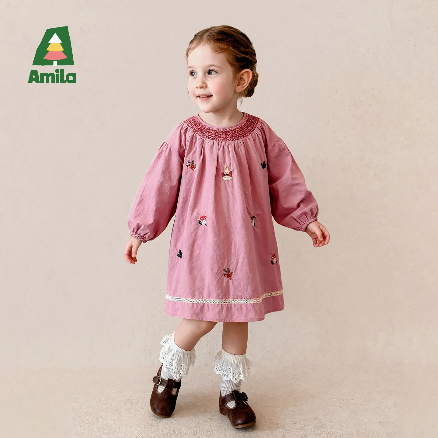 Amila 2026 Autumn New Kids Dress Pure Cotton Simple Sweet Princess Style Fashion Casual Comfortable Daily Wear Cute Clothing
