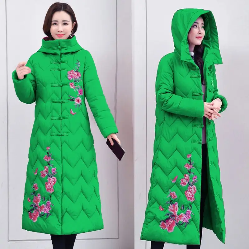 

Winter New Women's Down Cotton Jacket Commuting Hooded Long Slim Embroidered Cotton Jacket
