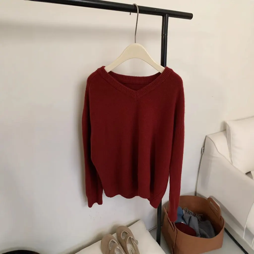 B2XH-12071 レディース 韓国風 Vネックセーター 無地 冬 シンプル プルオーバー ファッション 卸売 ラフスタイル