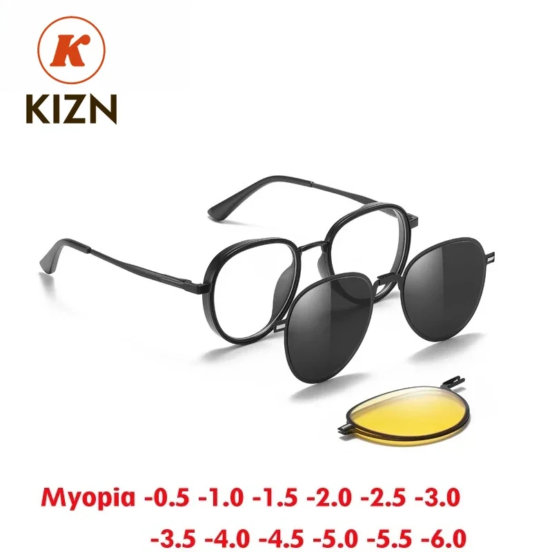 

KIZN 3 in 1 Myopia Sunglasses Frame Classic Men Magnetic Clip Polarized Prescription Women Custom Optics Glasses -0.50 to -10