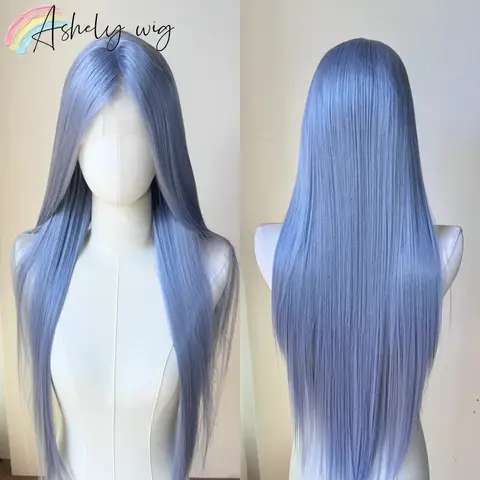 여성용 Ashy Blue 가발 13x4 레이스 프론트 가발 26 인치 롱 스트레이트 합성 가발 슈퍼 소프트 내열성 섬유 코스프레 가발