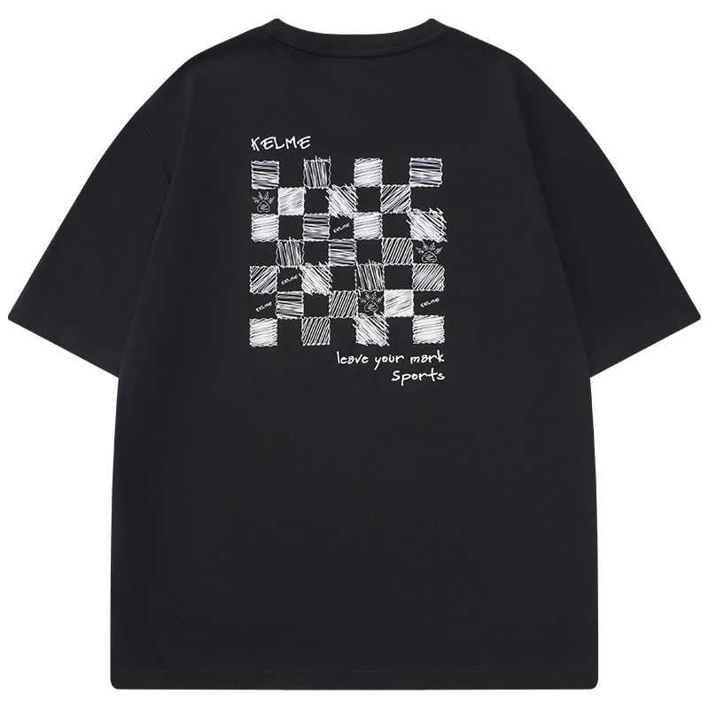 Kelme hommes damier à manches courtes en plein air course à séchage rapide T-shirt ample col rond respirant haut de Football