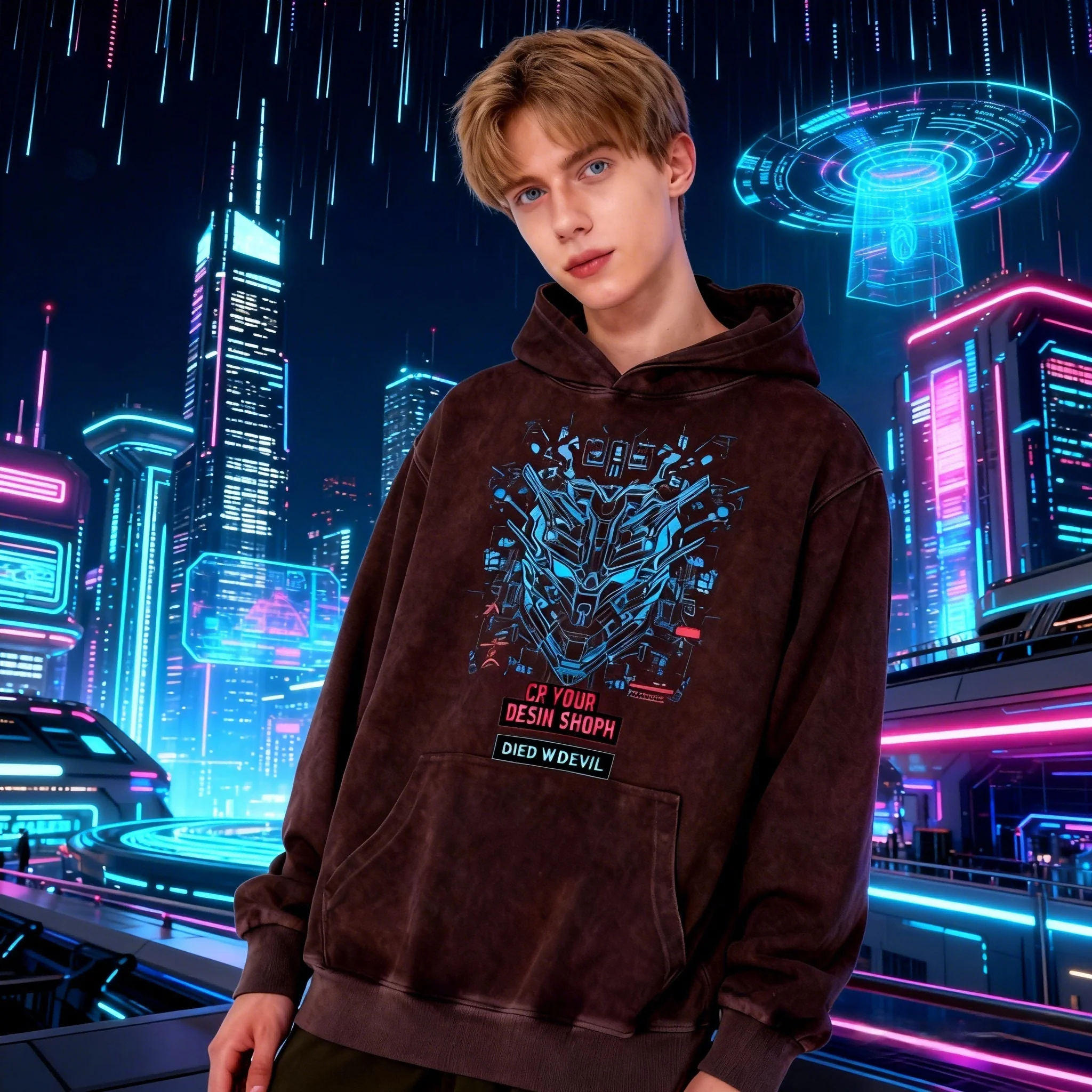 التخصيص خمر هوديي غسلها | بني عتيق | سويت شيرت بغطاء للرأس من القطن الخالص | أسلوب المستقبل | تخليل الأحماض | للجنسين #1