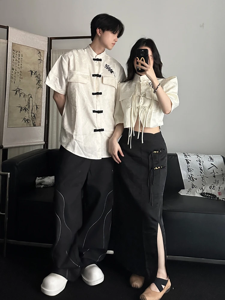 

New Chinese Style Couple's Outfit High-End Sense Button Shirt Summer Improved Tang Costume Face Skirt Hanfu Set One Ski...