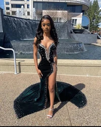 Slit African American Prom Dresses Mermaid Velvet Beaded Black Girls Nigeria Saudi Arabia Evening Dresses Gown Customized