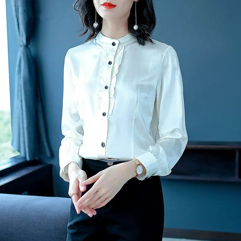 Women Korean Fashion Silk Satin Ruffled Elegant Blouse Office Lady Stand Collar Slim Shirts Casual Solid Long Sleeve Tops Blusas