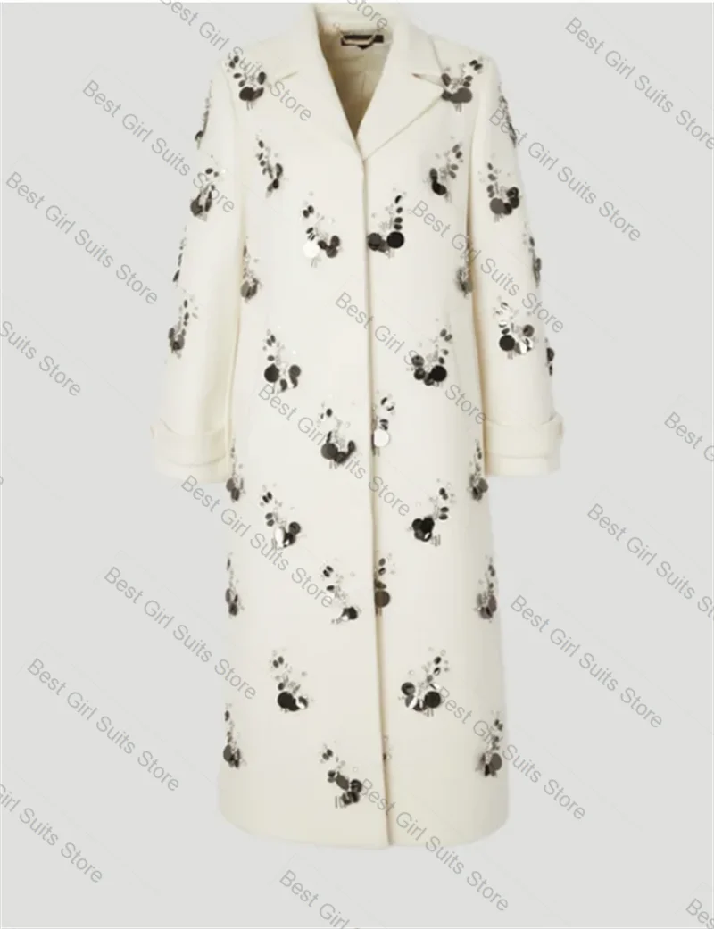 Branco cashmere feminino terno 1 peça de lã blazer vestido de baile inverno lantejoulas formal senhora do escritório jaqueta personalizado festa casamento casaco