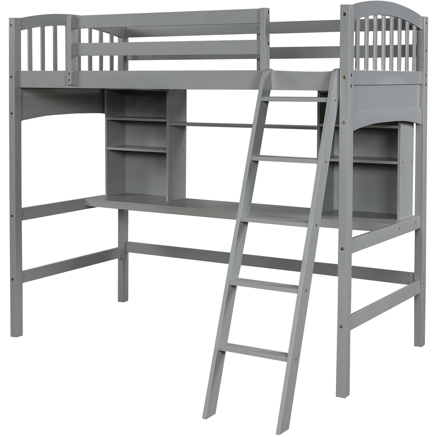 

Twin Loft Bed with Storage Shelves, Desk, Ladder - Gray