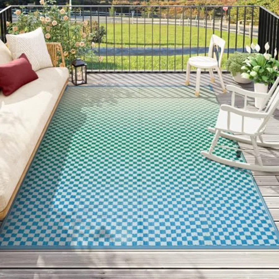 

8x10 Waterproof Outdoor Rugs - Blue Yellow Ombre Checkered Patios Rug, Large Reversible Plastic Straw Mat for Camping RV Balcon