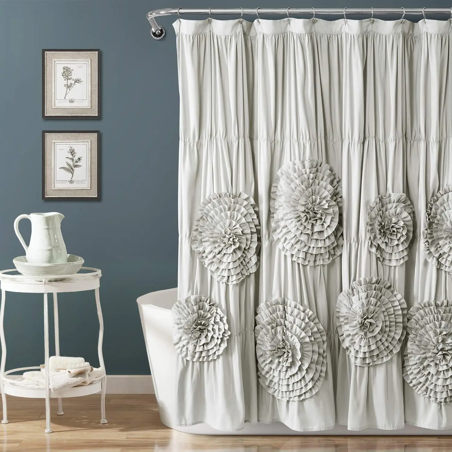 

72x72 Inch Gray Ruffled Shower Curtain, Vintage Floral Design, Soft Microfiber Fabric for Coquette Bathroom Decor