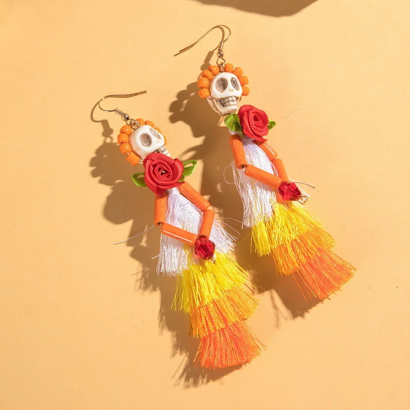 Fashion New Halloween Creative Funny And Interesting Skull Tassel Rice Bead Earrings Personalized Temperament Jewelry