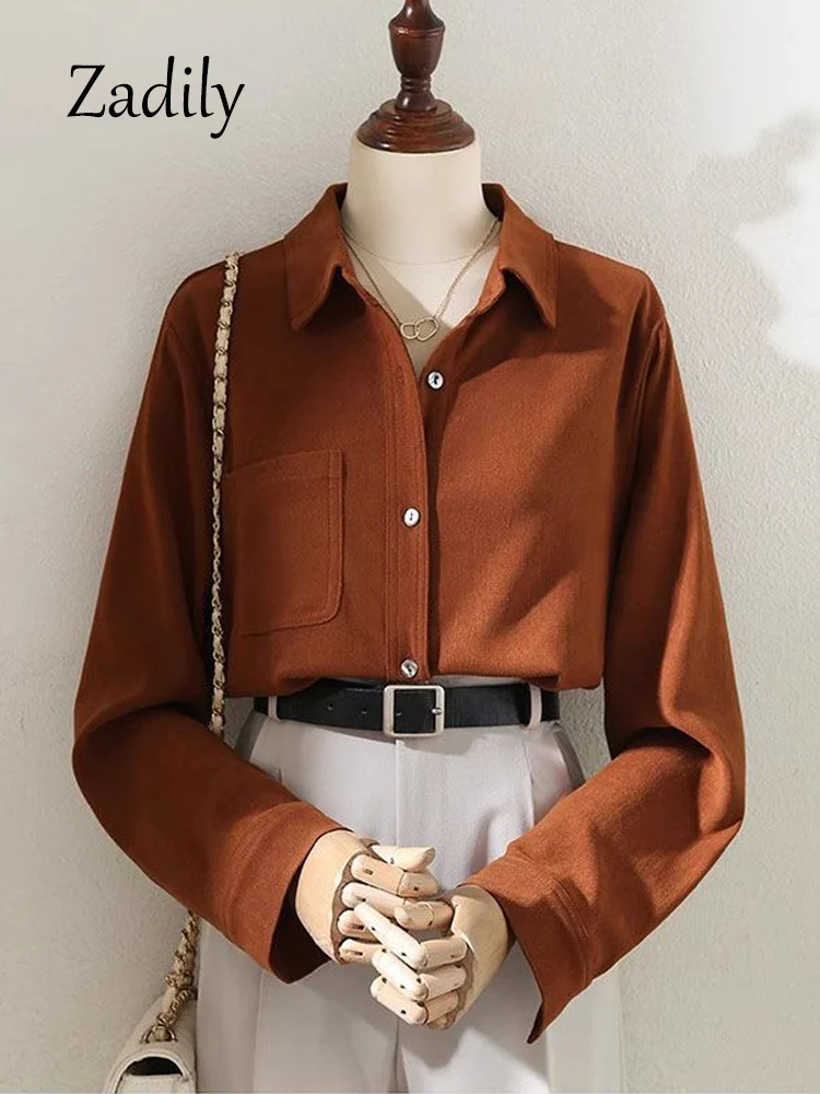 2024 Herfst Kantoor Dame Lange Mouw Vrouwen Dik Wit Shirt Korea Stijl Knoop Blouse Vrouwelijke Werkkleding Effen Pocket Tops