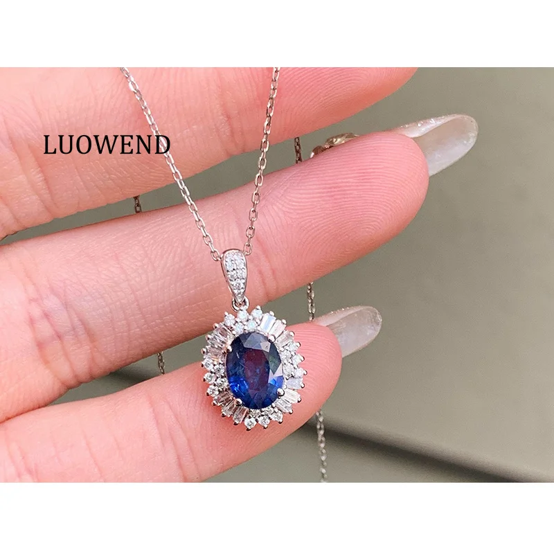 

LUOWEND 100% 18K White Gold Necklace Elegant Style Shiny Diamond Natural Sapphire Gemstone Necklace for Women Fine Jewelry