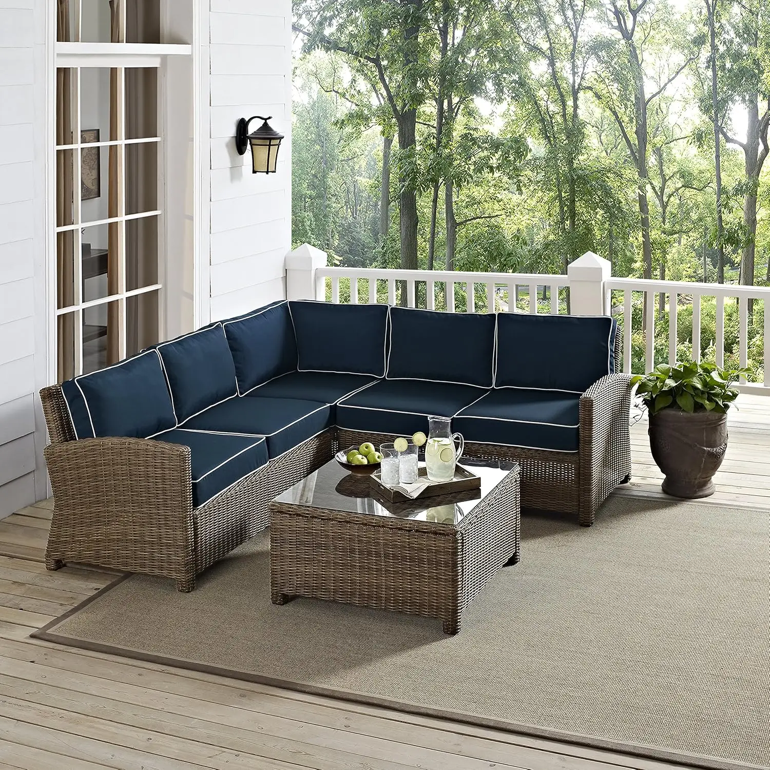 KO70019WB-NV Bradenton Outdoor Wicker 4-Piece Sectional Set (2 Loveseats, Corner Chair, Coffee Table), Brown with Navy Cushions