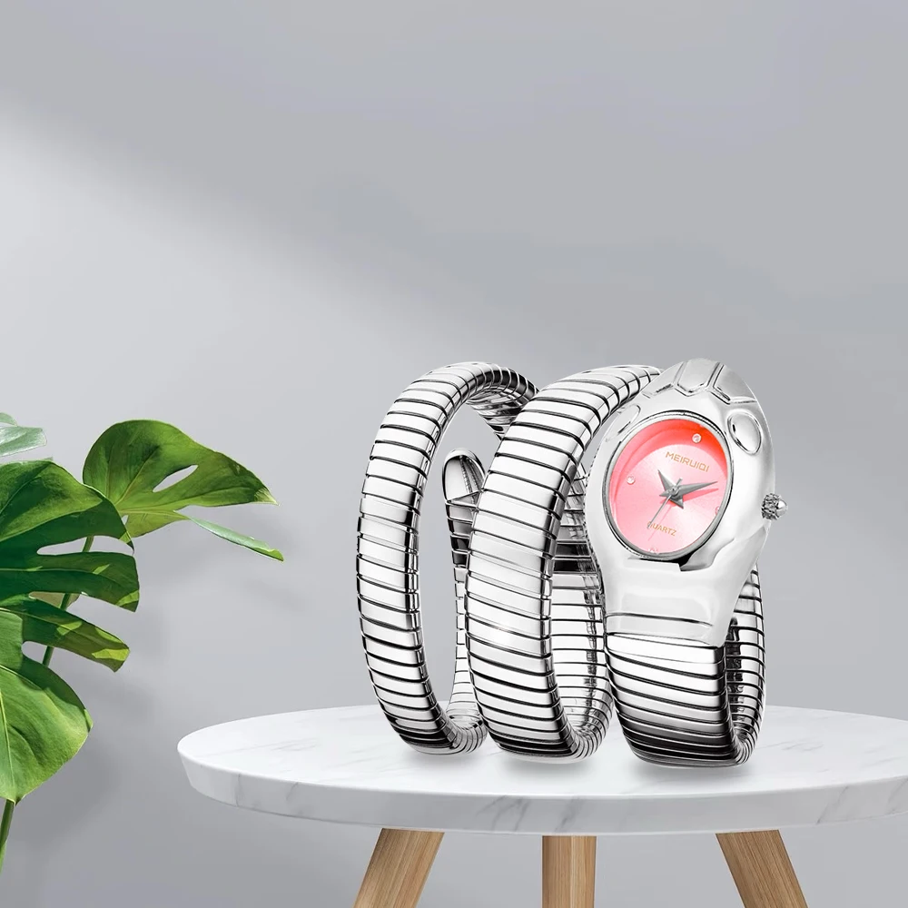 A ladies' pink snake shaped strap elegant, casual, unique, trendy and personalized quartz watch graduation season gift