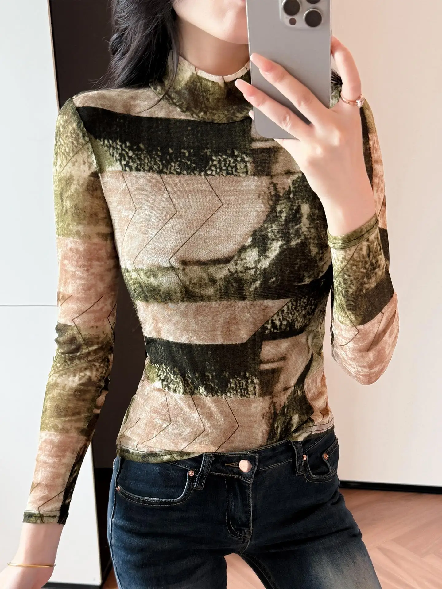 

High Collar Me Base irt Women's Autumn Winter Tight Fit Printed T-irt Korean Sle Commute Faion Geometric Pattern