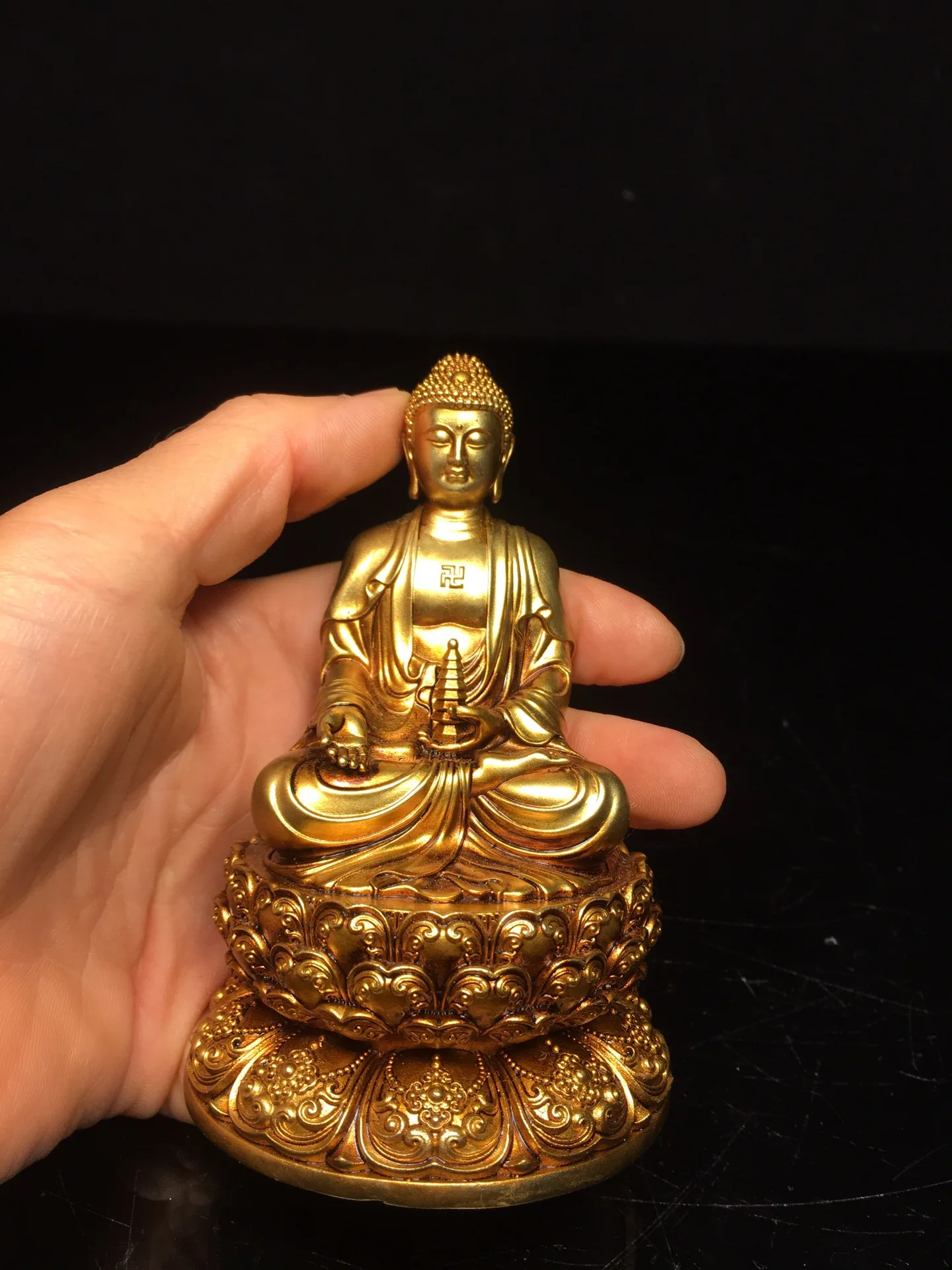 

4"Tibetan Temple Collection Old Bronze Gilded Cinnabar Amitabha Shakyamuni Sitting Buddha Lotus Terrace Worship Hall Town house