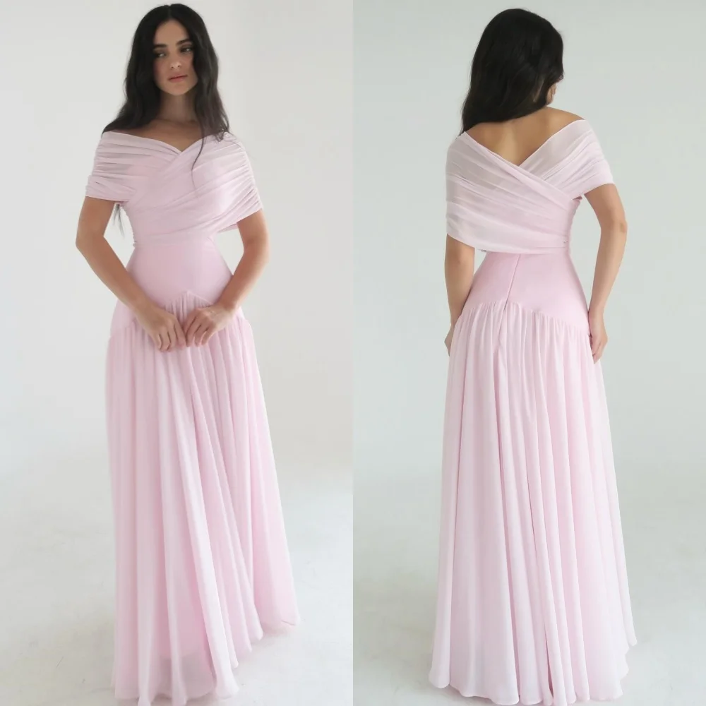 

Customized Classic Simple Chiffon Criss-Cross Draped Ruched A-line Off-the-shoulder Long Dresses Bespoke Occasion Dresses Casual