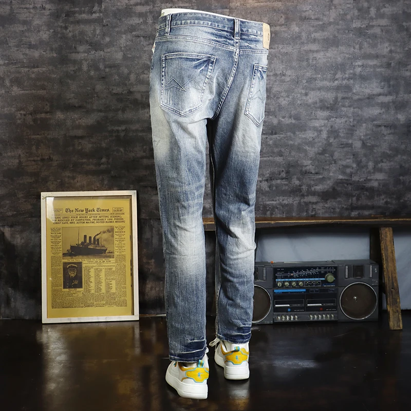 Fashion Designer Men Jeans Retro Blue Elastic Slim Fit Spliced Vintage Jeans Men Korean Style Casual Denim Pencil Pants Hombre