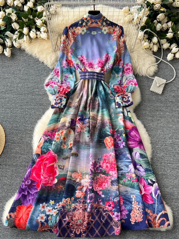 Vintage Maxi Flower Dresses Women Bohemian Single Breasted Robe Femme Stand Neck Belt Elegant Dress 2024 Vestidos De Mujer WJ