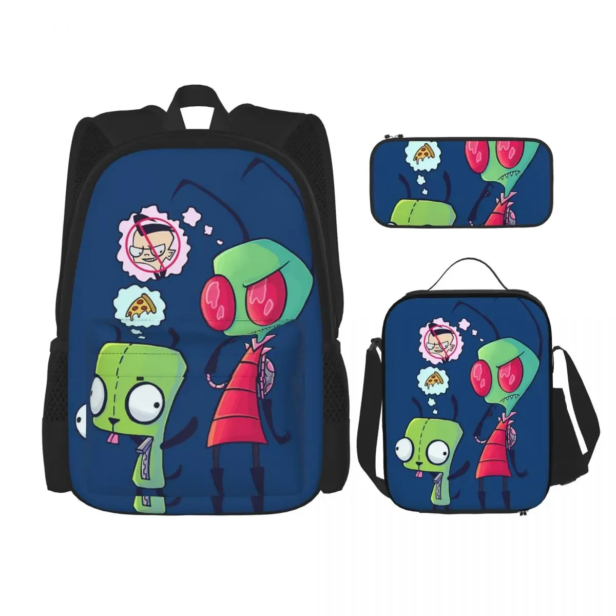 Sendirian Invader Zim Karangkok Premium Backpacks Bookbag Students School Bags Kids Rucksack Lunch Bag Pen Bag Three-Piece Set