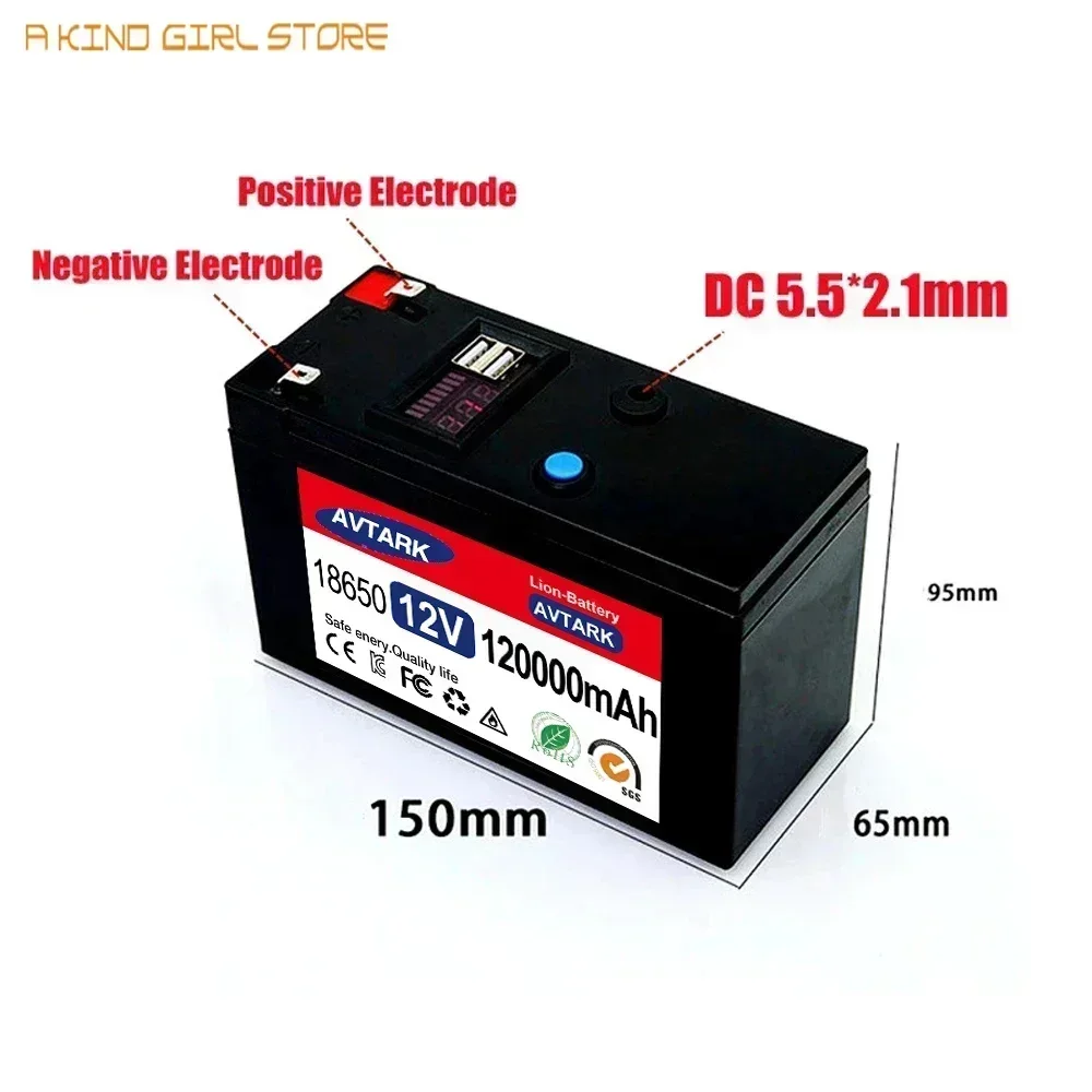 12v 12000mAh18650 rechargeable battery pack DC 12.6V 120Ah battery for solar energy electric vehicle battery+12.6v3A charger