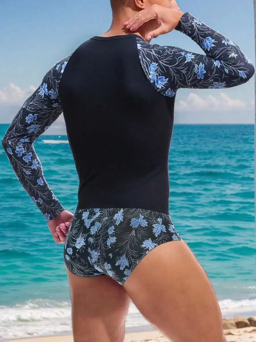 

Mens Long Sleeve One-Piece Swimsuit With Floral Print Comfortable Sport Swimwear