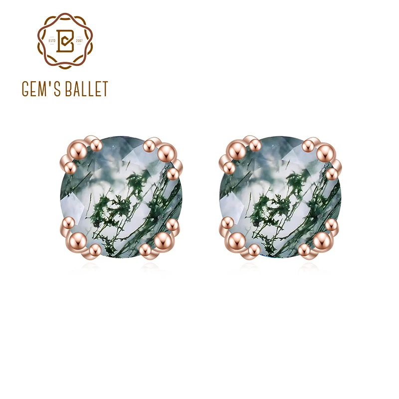 GEM'S BALLET Unique 1.0Ct 6mm Round Cut Moss Agate Claw Prongs Studs Earrings in 925 Sterling Silver Women's Wedding Earrings