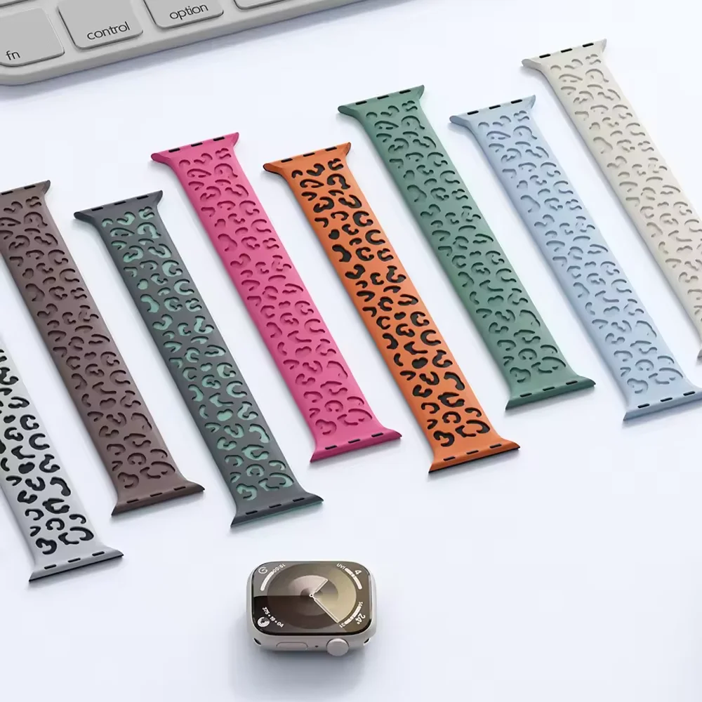 Apple Watchバンド用刻印入りストラップ ウルトラ 44mm 40mm 45mm 49mm 41mm 38mm 42mm レオパード柄シリコンブレスレット iWatchシリーズ10 9 8 7 SE対応