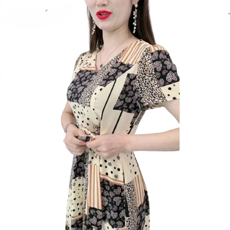 Summer New Women's Elegant Printing Lace Up Robe Ladies Korean Fashion Short Sleeve Dress Female V-neck Waist Vestidos De Fiesta