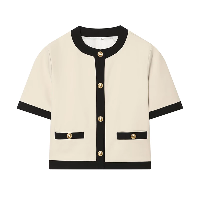 

ZHIO Women Fashion With Pockets Patchwork Single Breasted Jackets Vintage O-Neck Short Sleeves Female Chic Lady Outfits