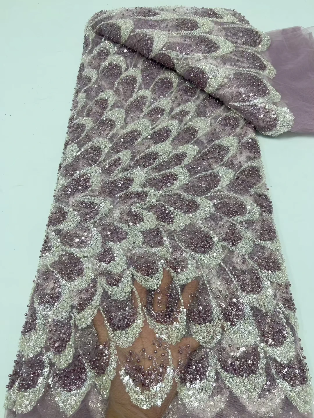 

New Purple Heavy Beads Sequins African Lace Fabric 2025 High Quality Beaded Nigerian Lace Fabric For Women Party Dress LHD25161