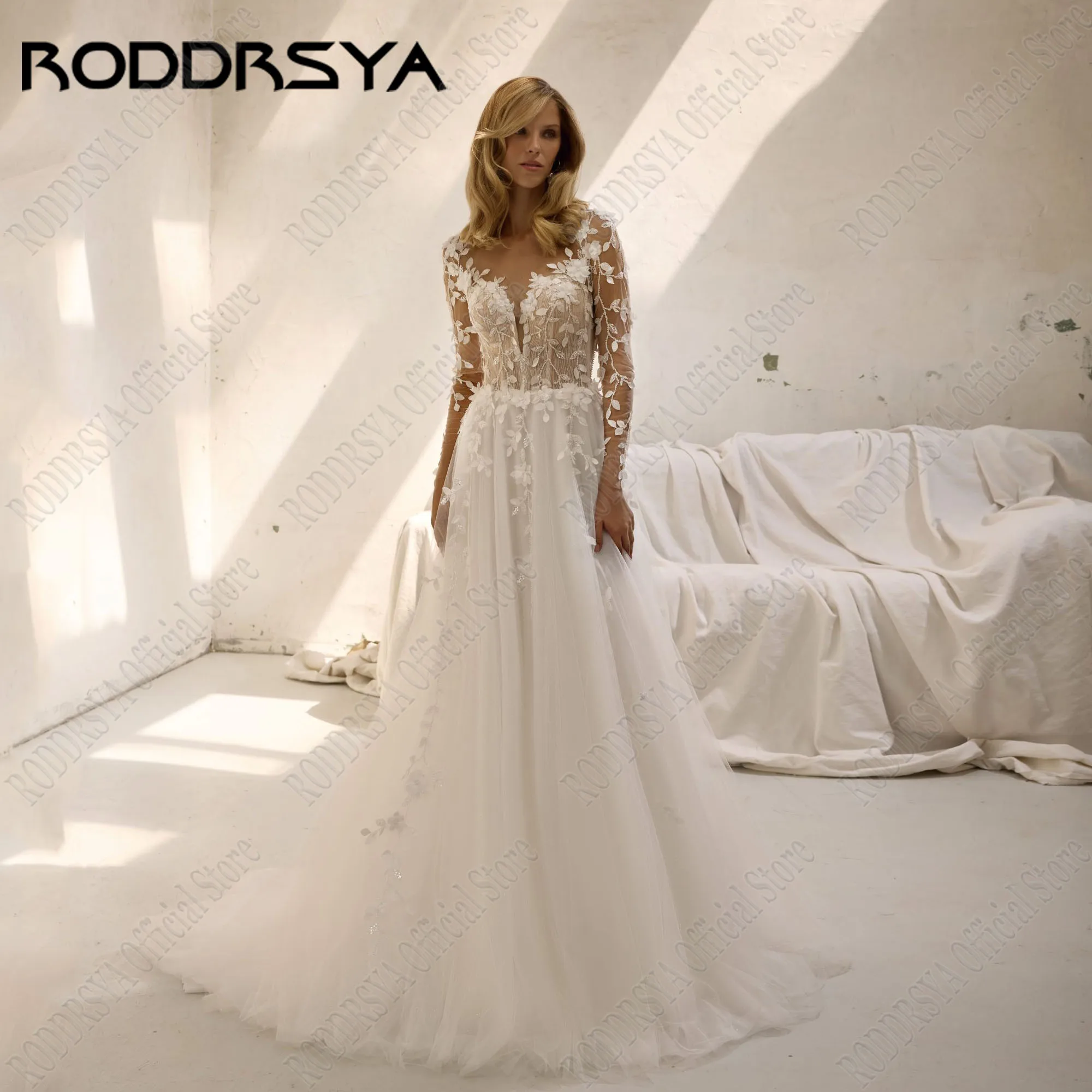 RODDRSYA Personalizado Flores Backless A Linha Vestido De Noiva Mangas Compridas Civil Robe De Mariée Applique Noiva Vestidos Sweep TrainRODRSYA Flores Personalizadas Backless A Linha Vestido de Noiva Mangas Longas Civ